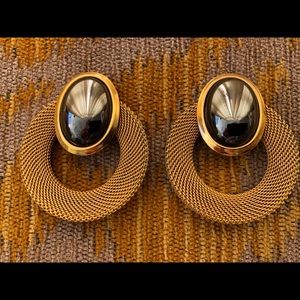 Vintage Cabochon Hoop Gold & Pewter Earrings